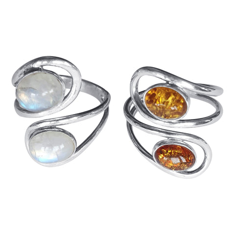 Double Swirl Silver Rings with Amber or Moonstone Gemstones