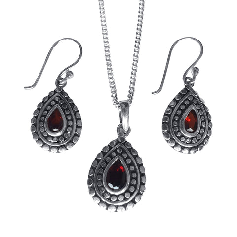 Garnet and Peridot Stippled Silver Pendant and Earring