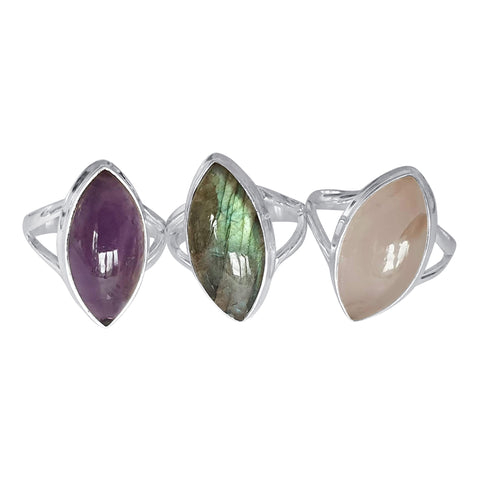 Silver Amethyst, Labradorite, Rose Quartz Open Shank Rings with Marquise Gemstones