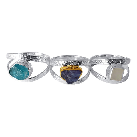 Hammered Silver Rings set with Raw Gemstones 2