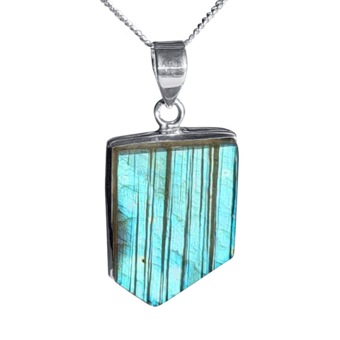 Flat Pentagonal Labradorite Silver Pendant