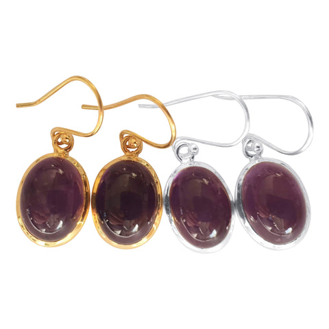 Royal Purple Amethyst Silver and Gold Plated Oval Cabochon Earrings