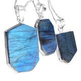 Irregular Shaped Flat Cut Labradorite Gemstone Pendant in Silver