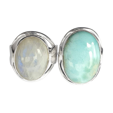 Feather Moonstone and Larimar Silver Rings