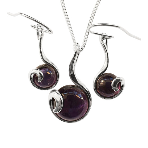 Amethyst Curlicue Silver Pendant /Amethyst Curlicue Silver Earrings.