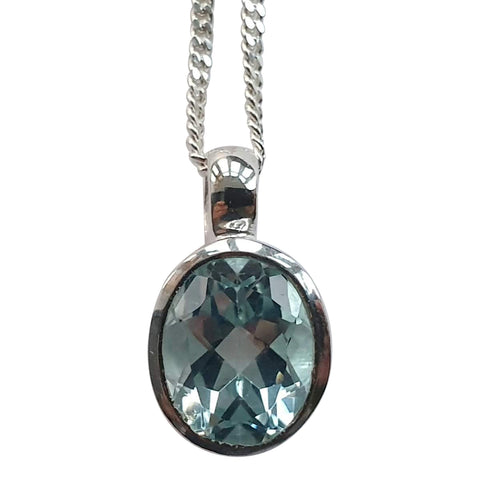Faceted Blue Topaz Silver Pendant and Chain