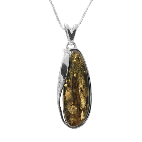 Cambium Green Amber Silver Pendant and Chain