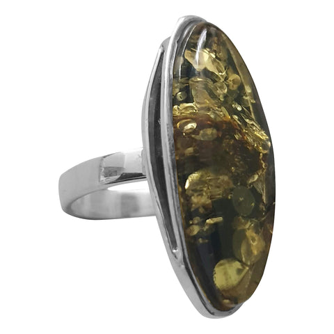 Chloros Green Amber Silver Adjustable Ring