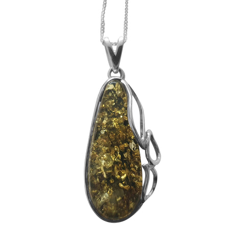 Foliate Green Amber Silver Pendant and Chain