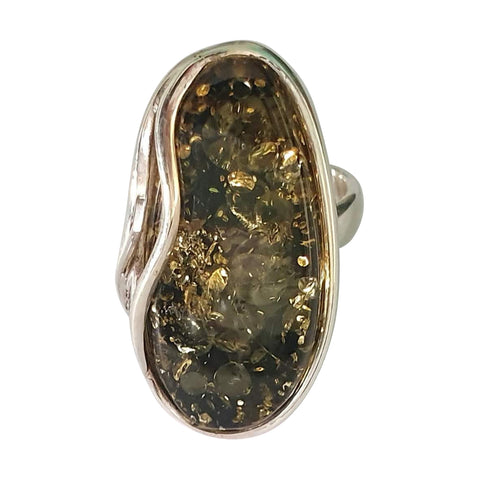 Green Amber Silver Wave Ring