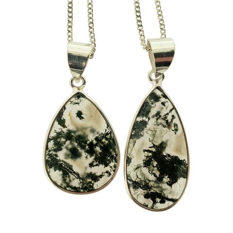 Dewdrop Moss Agate Silver Pendants with Chains