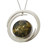 Double Crescent Green Amber Silver Pendant and Chain