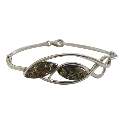 Celtic Style Green Amber Silver Bangle