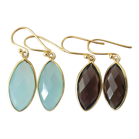 Aqua Agate and Smoky Quartz Sillver Gold Plated Earrings