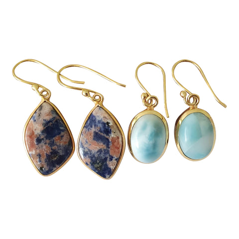 Larimar and Sodalite Silver Gold Plated Earrings