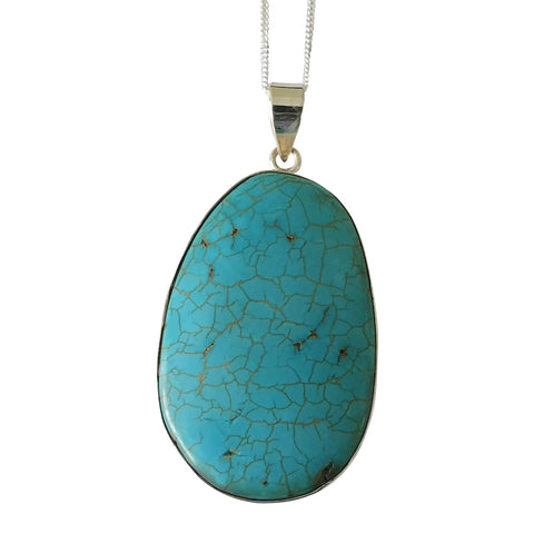 Elongated Turquoise Howlite Silver Pendant and Chain