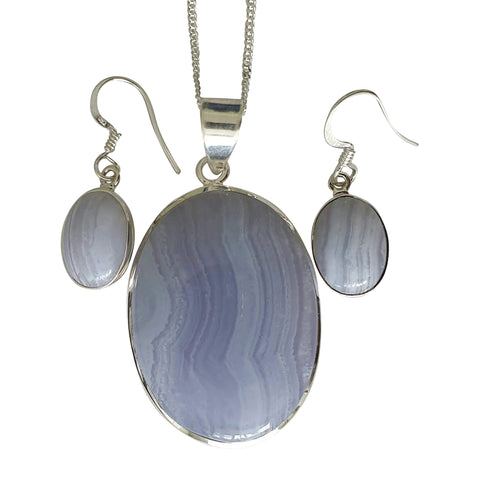 Striated Blue Lace Agate Pendant, Chain and Earrings