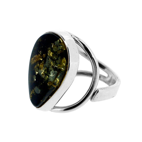 Green Amber Teardrop Ring
