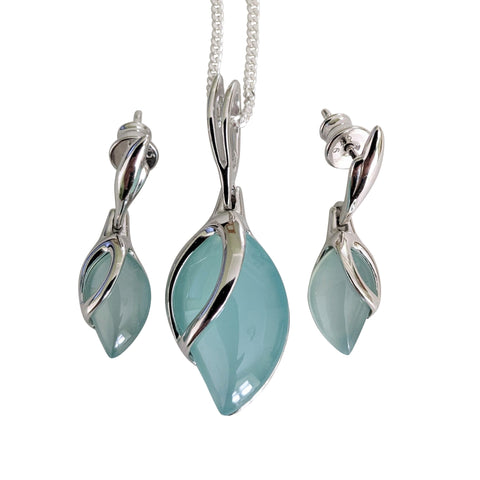 Raindrop Aqua Agate Silver Pendant and Earrings